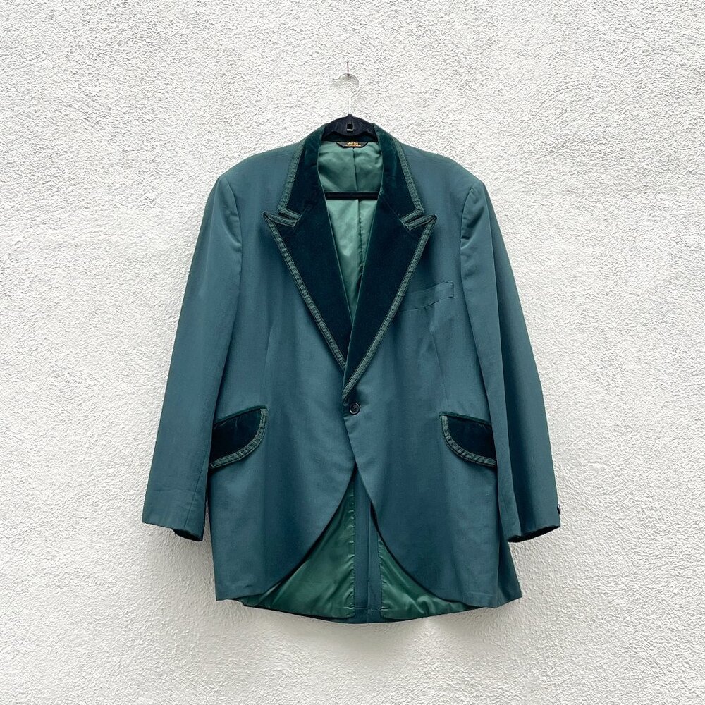 Vintage 60s 70s After Six Forest Green Velvet Trim Tuxedo Jacket Extra Large